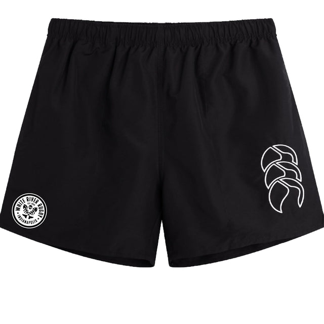 The EMB Canterbury White River Rugby Football Club Tactic Short features two white printed logos on black fabric, making these men's rugby shorts ideal for training.