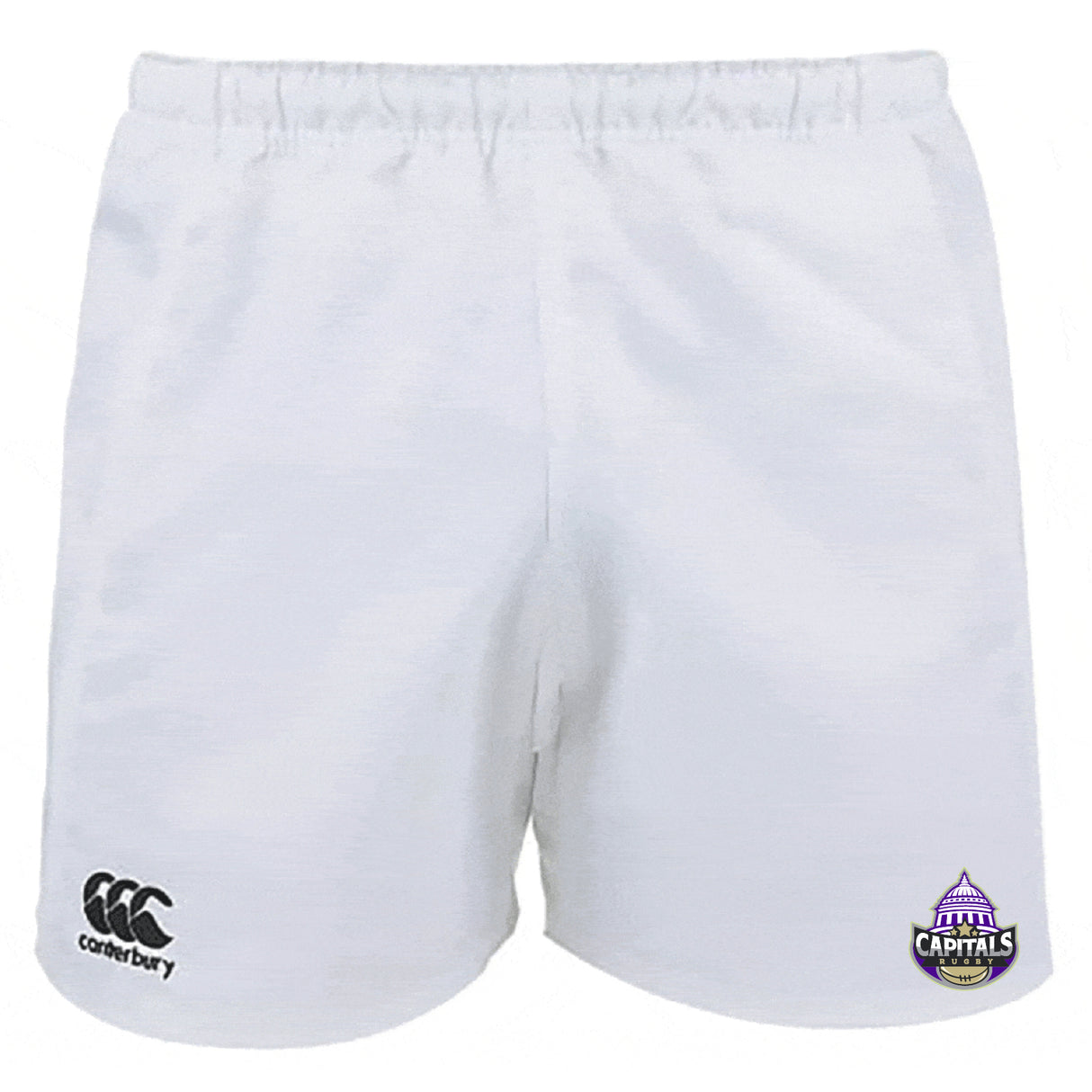 The EMB Canterbury Capitals Rugby NC Professional Polyester Rugby Short features an elastic waistband, with the Canterbury logo on the left and the Washington Capitals logo on the lower right side.