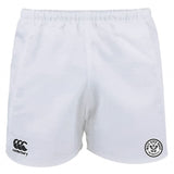 The White River Rugby Football Club Advantage Rugby Shorts by EMB Canterbury feature a black logo on the left leg and a black and white club emblem on the right. These moisture-wicking shorts deliver comfort and performance for rugby players.