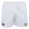 The White River Rugby Football Club Advantage Rugby Shorts by EMB Canterbury feature a black logo on the left leg and a black and white club emblem on the right. These moisture-wicking shorts deliver comfort and performance for rugby players.