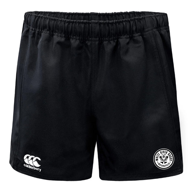 White River Rugby Football Club Advantage Rugby Shorts by EMB Canterbury feature an elastic waistband, moisture-wicking fabric, a Canterbury logo on the left leg, and a White River Rugby embroidered badge on the right.