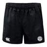 White River Rugby Football Club Advantage Rugby Shorts by EMB Canterbury feature an elastic waistband, moisture-wicking fabric, a Canterbury logo on the left leg, and a White River Rugby embroidered badge on the right.