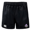 The Capitals Rugby NC Professional Polyester Rugby Short by EMB Canterbury features black fabric, pockets, an elastic waistband, a white Canterbury logo on one leg, and a purple Capitals team logo on the other.