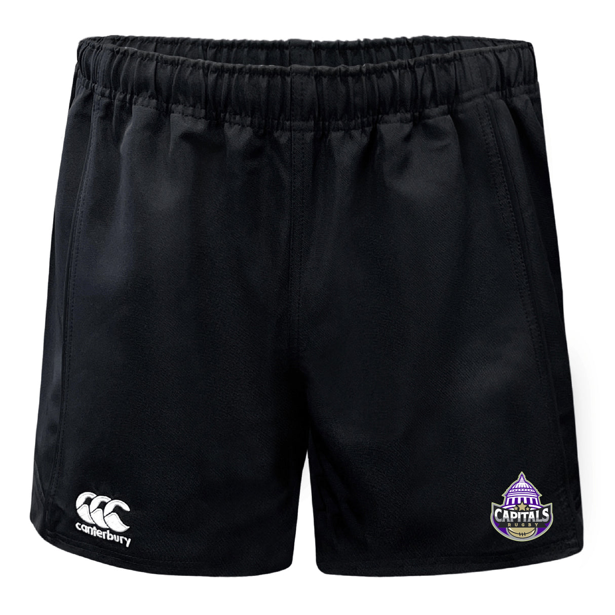 The Capitals Rugby NC Professional Polyester Rugby Short by EMB Canterbury features black fabric, pockets, an elastic waistband, a white Canterbury logo on one leg, and a purple Capitals team logo on the other.