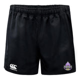 The Capitals Rugby NC Professional Polyester Rugby Short by EMB Canterbury features black fabric, pockets, an elastic waistband, a white Canterbury logo on one leg, and a purple Capitals team logo on the other.