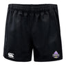 The Capitals Rugby NC Professional Polyester Rugby Short by EMB Canterbury features black fabric, pockets, an elastic waistband, a white Canterbury logo on one leg, and a purple Capitals team logo on the other.
