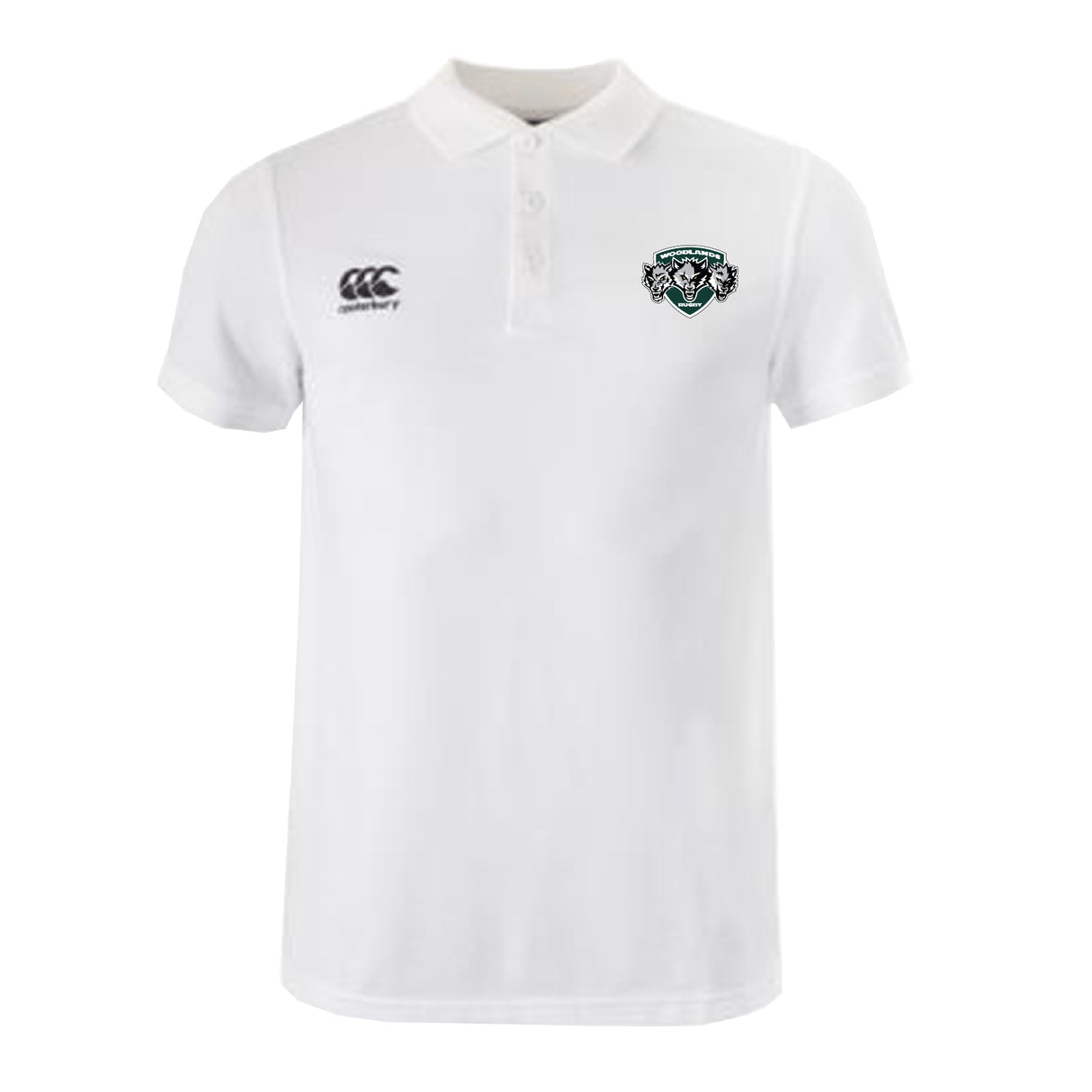 The Woodlands Youth Wolfpack Waimak Polo by EMB Canterbury features short sleeves, a collar, and two chest logos, offering classic Canterbury rugby polo style perfect for young rugby fans.