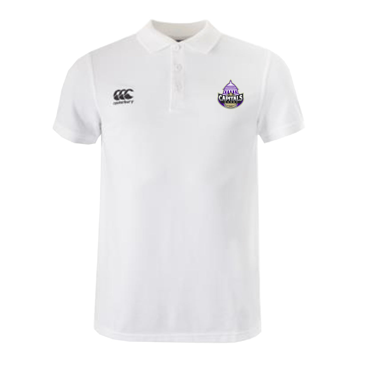 The Capitals Rugby NC Waimak Polo by EMB Canterbury features the classic design with logos on both chests—ideal for any rugby fan.