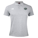 The Woodlands Youth Wolfpack Waimak Polo by EMB Canterbury is a light grey short-sleeve rugby polo with a collar, showcasing the Canterbury logo and a wolf emblem on the front.