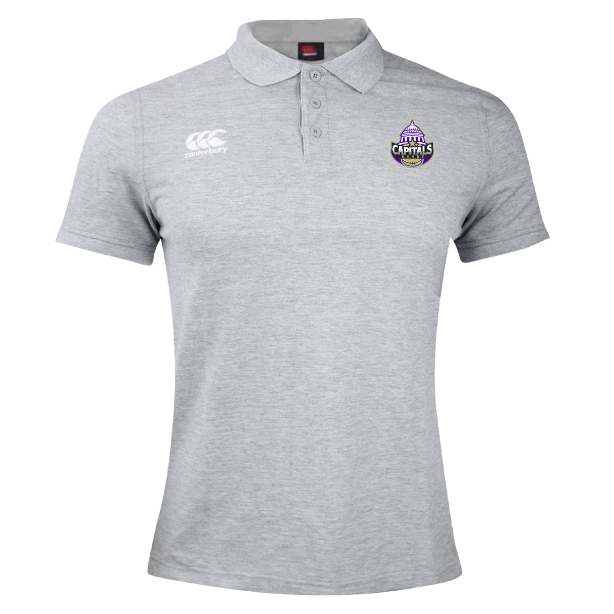 The Capitals Rugby NC Waimak Polo by EMB Canterbury is a light gray collared shirt with the CCC Waimak Rugby Polo logo on the right chest and a Capitals team logo on the left—ideal for rugby fans.