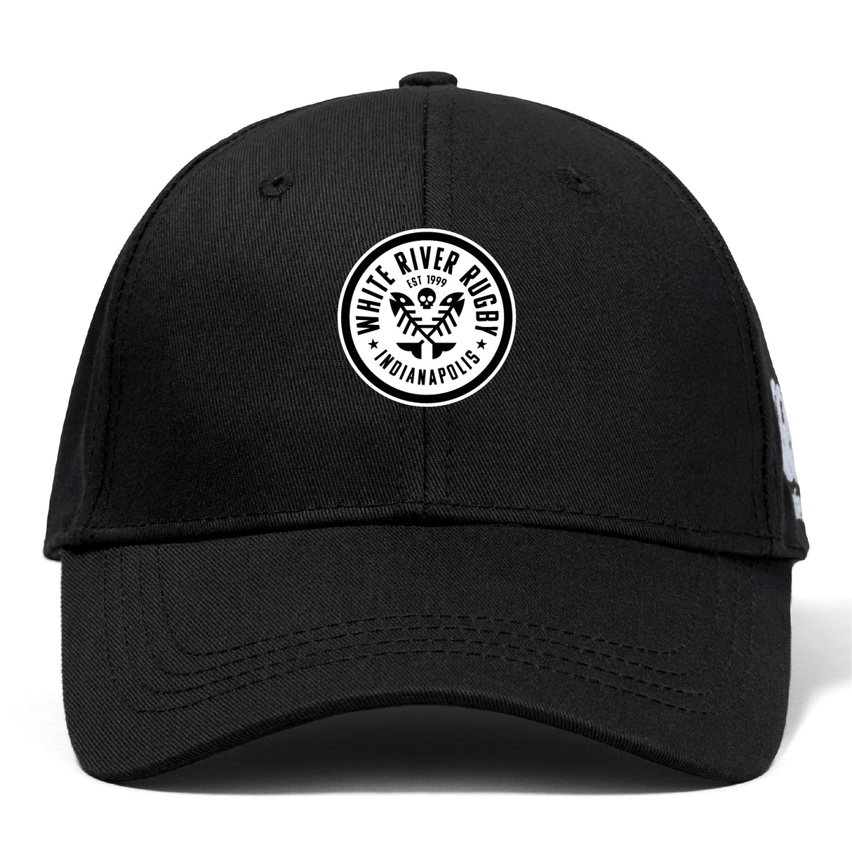 The White River Rugby Football Club Flexfit Drill Cap by EMB Canterbury features a circular "White River Rugby Indianapolis" embroidered logo in white and black on the front center panel.