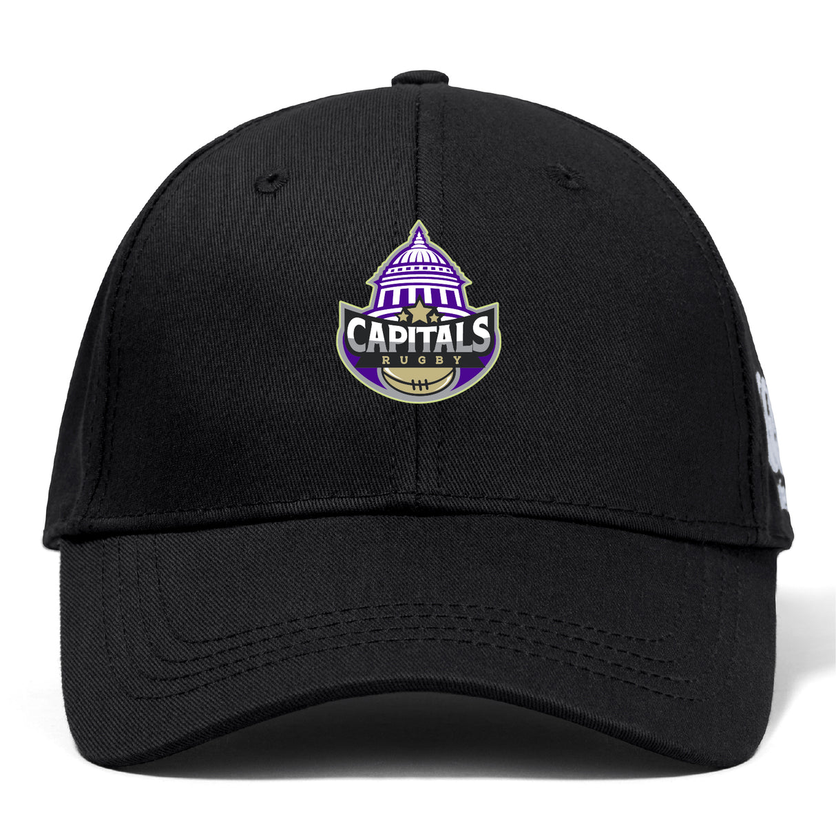 The Capitals Rugby NC Flexfit Drill Cap by EMB Canterbury is a black cap with a purple and white embroidered Capitals Rugby logo, featuring a capitol dome and rugby ball on the front.