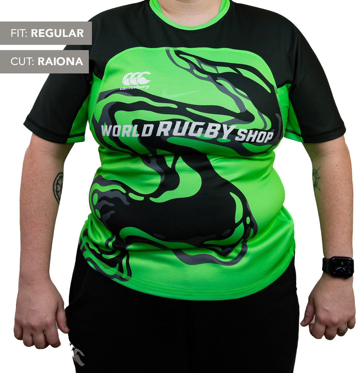 Person wearing a green and black Teamatical Canterbury Elite Full Custom Sublimated Jersey - Women's, fit: regular, cut: Raiona, standing against a plain background.