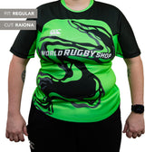 Person wearing a green and black Teamatical Canterbury Elite Full Custom Sublimated Jersey - Women's, fit: regular, cut: Raiona, standing against a plain background.