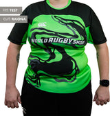 A person is wearing a green and black Teamatical Canterbury Elite Full Custom Sublimated Jersey - Women's with an abstract black design; labels read "Fit: Test" and "Cut: Raiona.