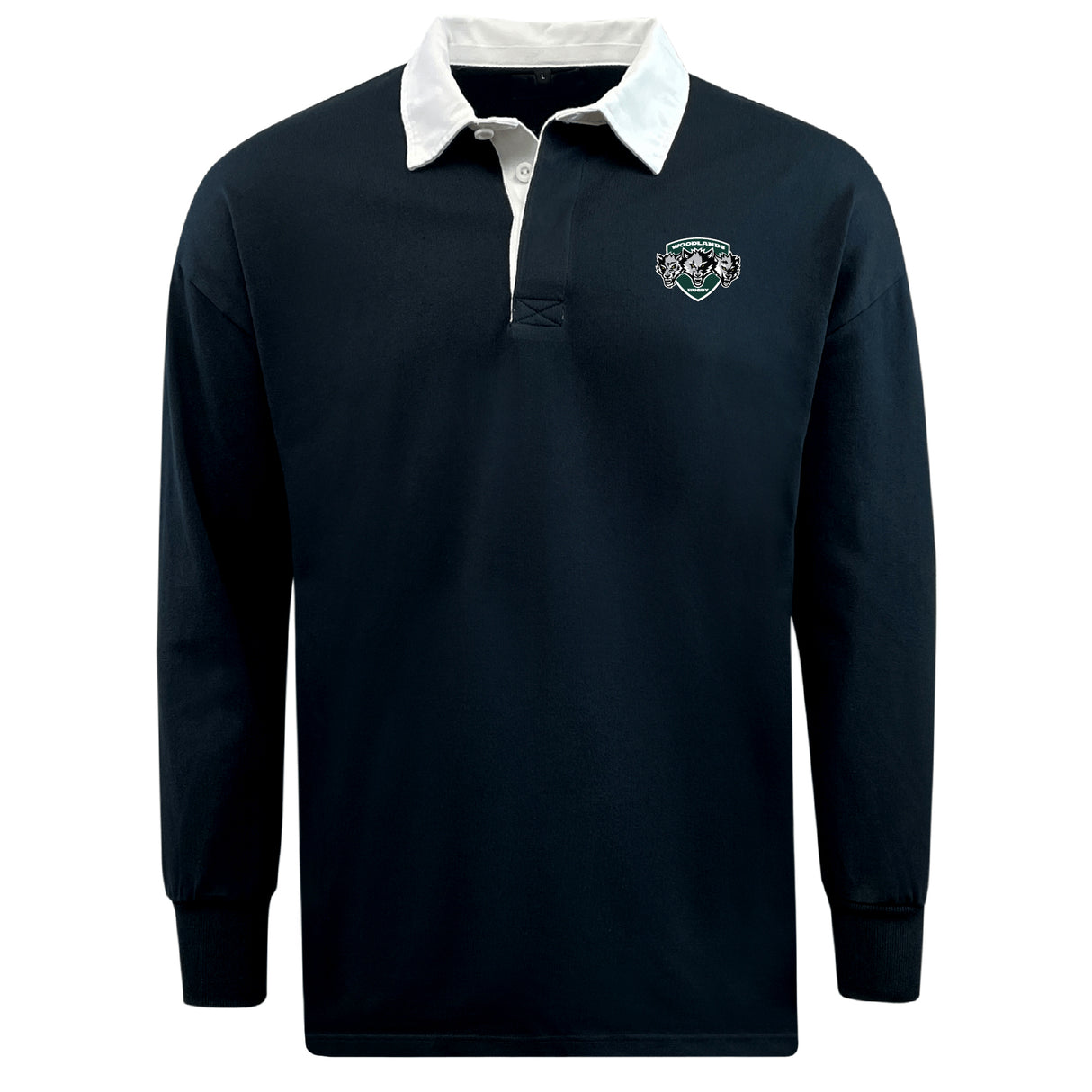 The EMB Mudoo Woodlands Youth Wolfpack Classic Long Sleeve Solid Rugby Jersey is a black rugby shirt with a white collar, white buttons, and an embroidered crest on the left chest.