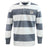 The EMB Mudoo White River Rugby Football Club Classic Long Sleeve Hooped Rugby Jersey features wide gray and white stripes, a classic collar, and a black-and-white patch on the left chest.