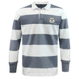 The EMB Mudoo White River Rugby Football Club Classic Long Sleeve Hooped Rugby Jersey features wide gray and white stripes, a classic collar, and a black-and-white patch on the left chest.