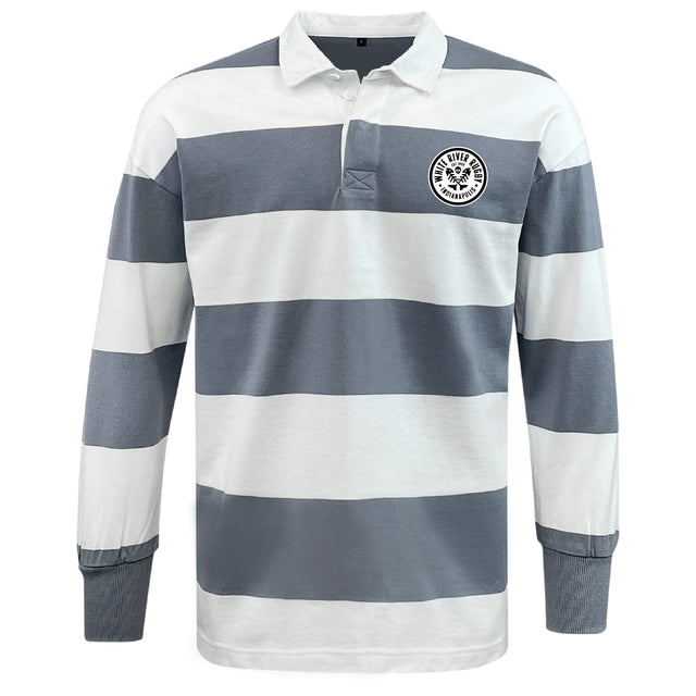 The EMB Mudoo White River Rugby Football Club Classic Long Sleeve Hooped Rugby Jersey features wide gray and white stripes, a classic collar, and a black-and-white patch on the left chest.