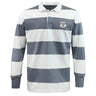 The EMB Mudoo White River Rugby Football Club Classic Long Sleeve Hooped Rugby Jersey features wide gray and white stripes, a classic collar, and a black-and-white patch on the left chest.