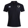 A black DePaul University Club Dry Polo shirt by EMB Canterbury with a logo on the right chest and a heart-shaped emblem on the left chest.