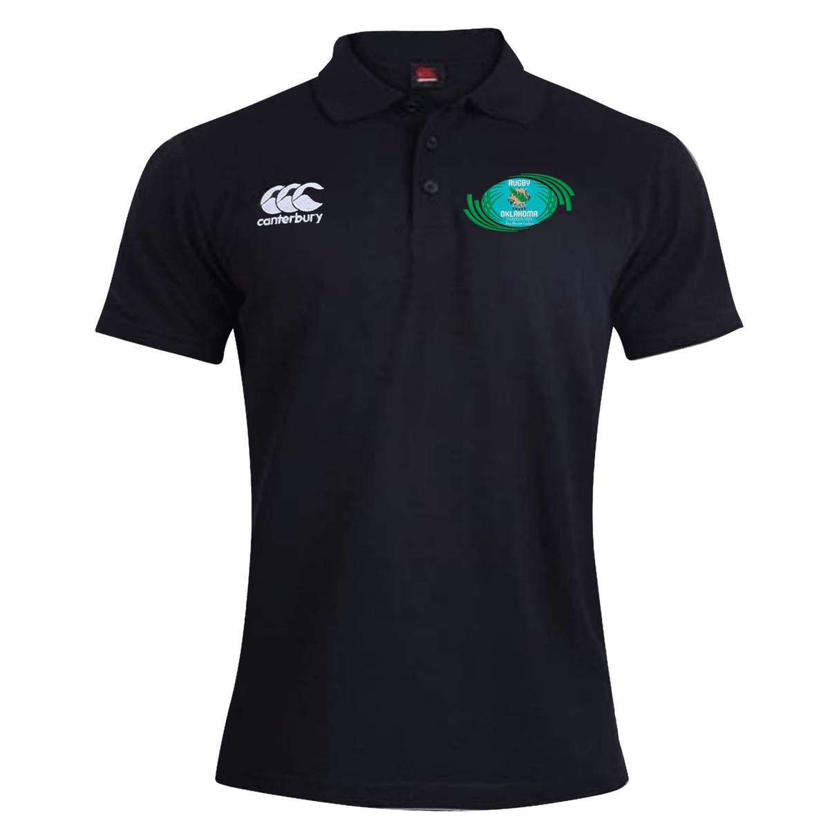 Navy blue EMB Canterbury Rugby Oklahoma Waimak Polo with a green and yellow emblem on the right chest and the EMB Canterbury logo on the left chest.