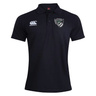 Navy blue cotton/polyester blend Chicago Valkyries Waimak rugby polo shirt with a sports team logo on the right chest and EMB Canterbury logo on the left.
