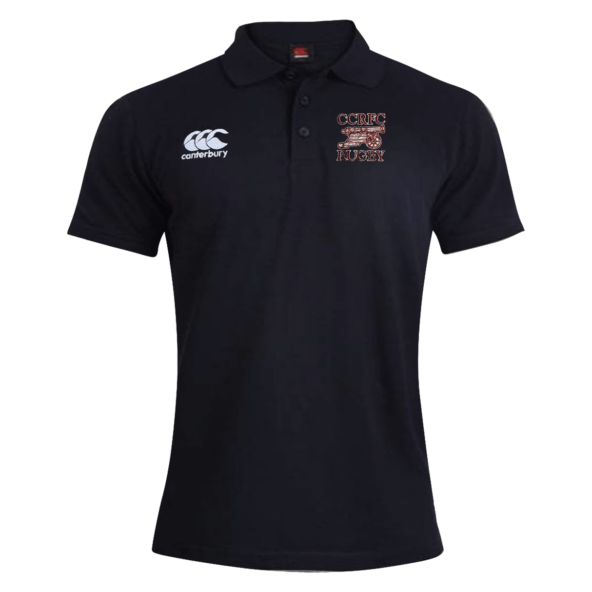 Navy blue EMB Canterbury Concord Carlisle Rugby Waimak Polo shirt with a small "ccrc rugby" logo embroidered on the right chest and Canterbury logo on the left.