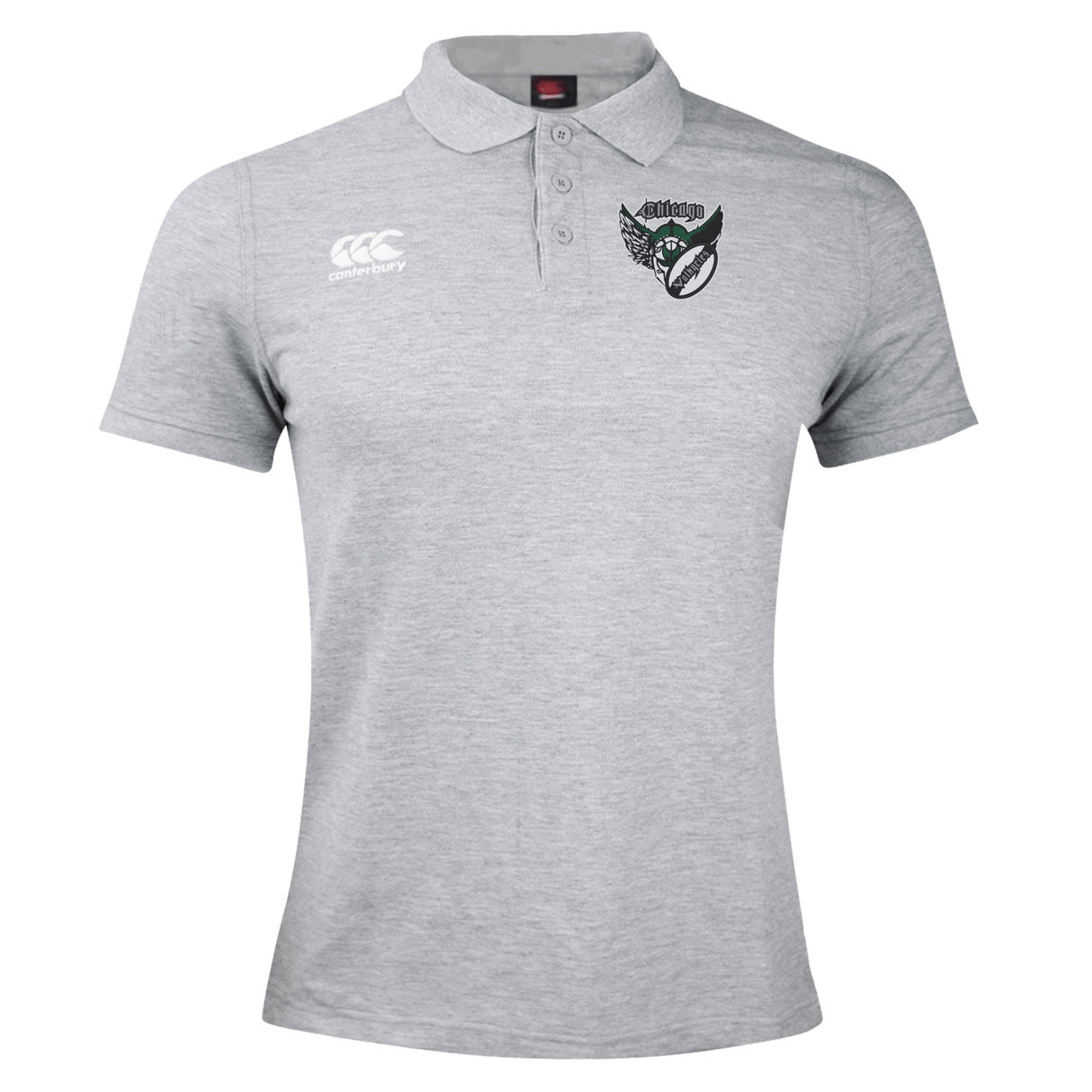 Gray rugby polo shirt featuring a small embroidered Chicago Valkyries Waimak Polo logo on the left chest and a collar, displayed on a plain background by EMB Canterbury.