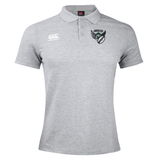Gray rugby polo shirt featuring a small embroidered Chicago Valkyries Waimak Polo logo on the left chest and a collar, displayed on a plain background by EMB Canterbury.