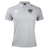 Gray rugby polo shirt featuring a small embroidered Chicago Valkyries Waimak Polo logo on the left chest and a collar, displayed on a plain background by EMB Canterbury.