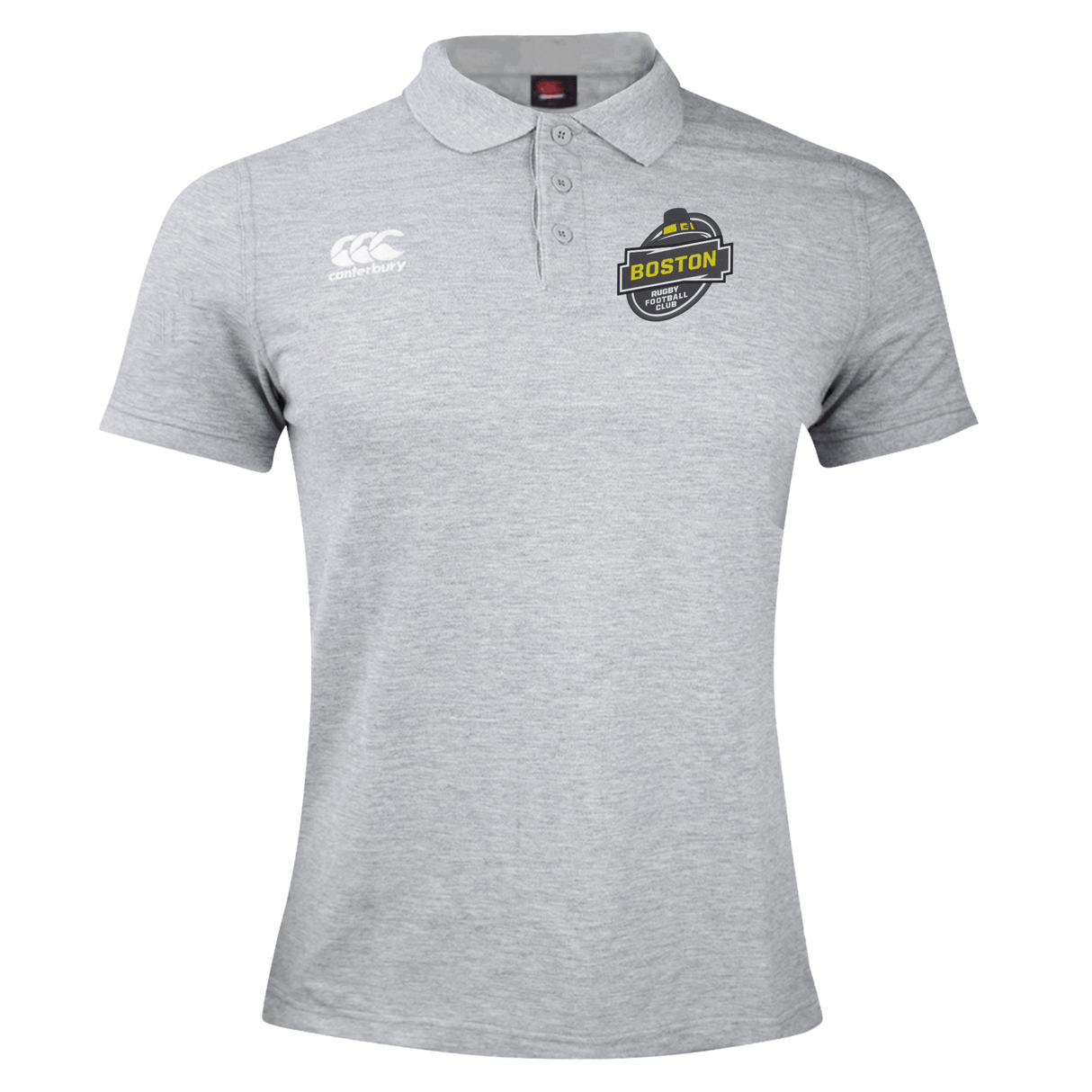 Grey Boston RFC Waimak polo by EMB Canterbury logo and cotton polyester blend fabric, displayed on a plain background.