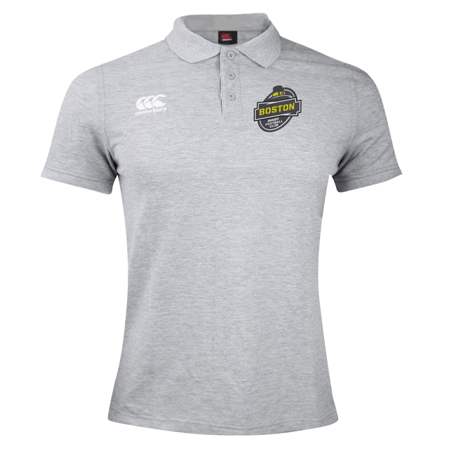 Grey Boston RFC Waimak polo by EMB Canterbury logo and cotton polyester blend fabric, displayed on a plain background.