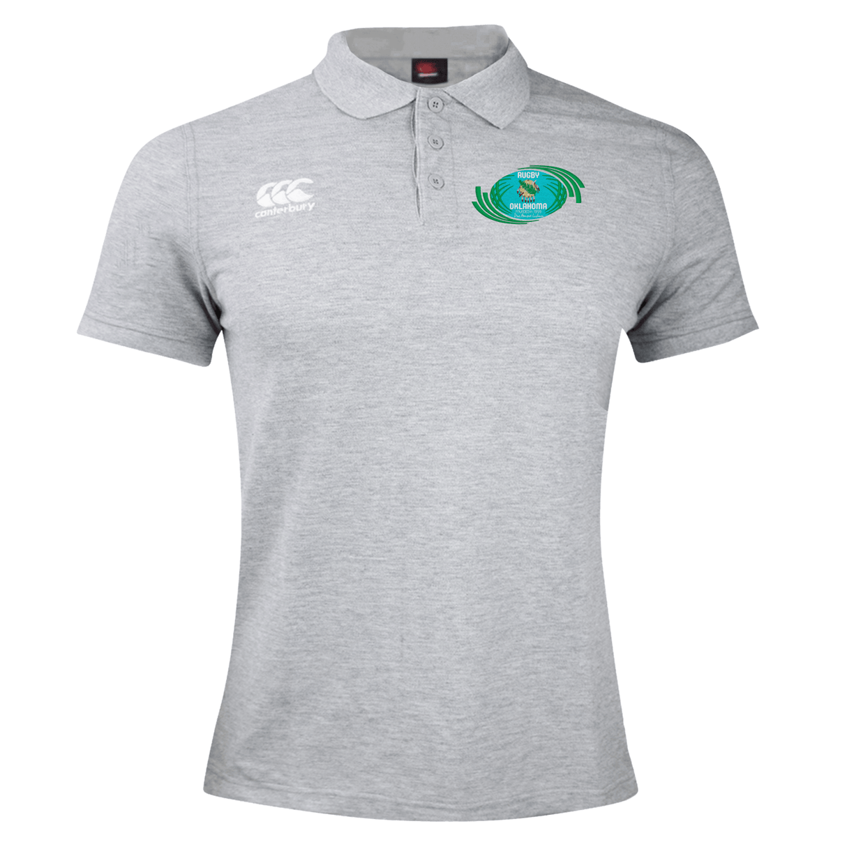 Rugby Oklahoma Waimak Polo by EMB Canterbury with a green circular logo on the left chest and a Canterbury logo on the right chest, displayed on a plain white background.