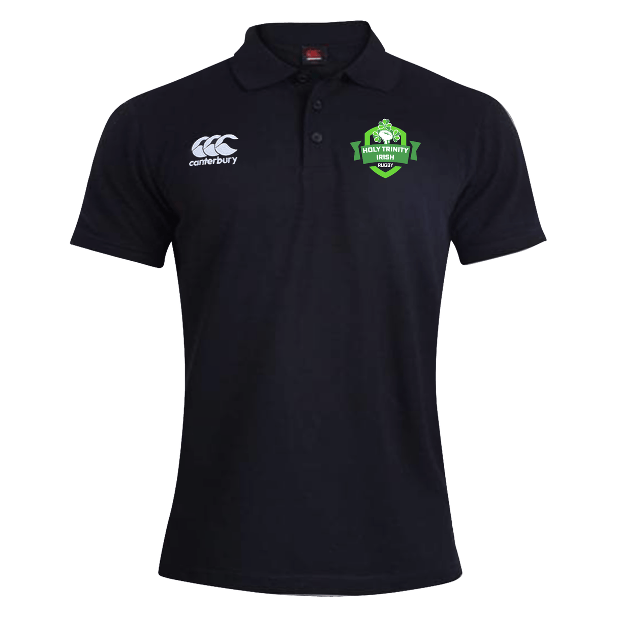 The Holy Trinity Rugby Canterbury Waimak Rugby Polo by WRS Canterbury is the perfect choice for any rugby fan looking to achieve a smart casual look. This black polo shirt features a green logo, adding an element of sporty.