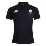 The West Potomac RFC Waimak Polo by EMB Canterbury is a black short-sleeve polo with the CCC logo on the left and an embroidered shield crest on the right chest—ideal for rugby fans.