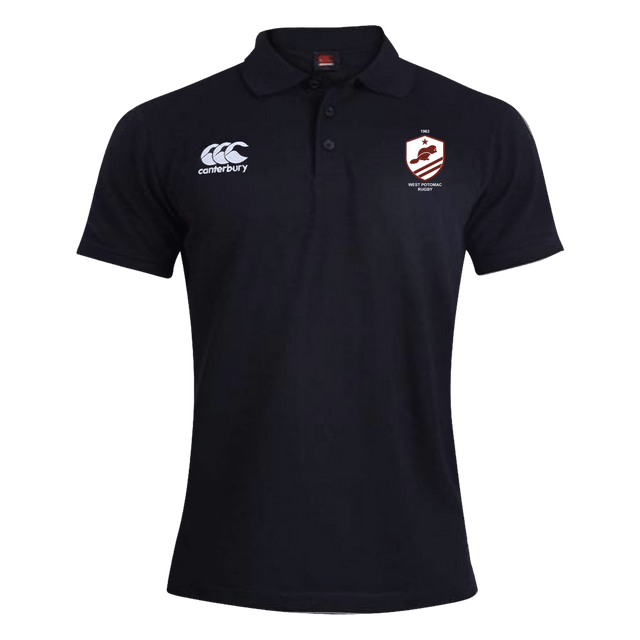 The West Potomac RFC Waimak Polo by EMB Canterbury is a black short-sleeve polo with the CCC logo on the left and an embroidered shield crest on the right chest—ideal for rugby fans.