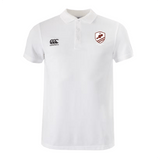 The West Potomac RFC Waimak Polo by EMB Canterbury features a white short sleeve design, collar, three buttons, black CCC logo on the right chest, and a red and white shield emblem—perfect for any rugby fan.