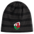 The Wales Shield Beanie by EMB Canterbury is a black and gray striped beanie showcasing a fierce red dragon emblem on a classic white and green shield.