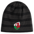 The Wales Shield Beanie by EMB Canterbury is a black and gray striped beanie showcasing a fierce red dragon emblem on a classic white and green shield.