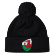 The EMB Canterbury Wales Shield Pom Pom Beanie is a stylish black beanie with a striking patch featuring a red dragon against a green and white backdrop, reminiscent of the Wales Shield.