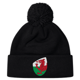 The EMB Canterbury Wales Shield Pom Pom Beanie is a stylish black beanie with a striking patch featuring a red dragon against a green and white backdrop, reminiscent of the Wales Shield.