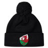 The EMB Canterbury Wales Shield Pom Pom Beanie is a stylish black beanie with a striking patch featuring a red dragon against a green and white backdrop, reminiscent of the Wales Shield.
