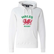 The Nations of Rugby Wales Rugby Hockey Hoodie by WRS S&S Activewear is a white hooded sweatshirt with a red Welsh dragon and "WALES" above, "RUGBY" below in green—ideal for proud rugby fans.