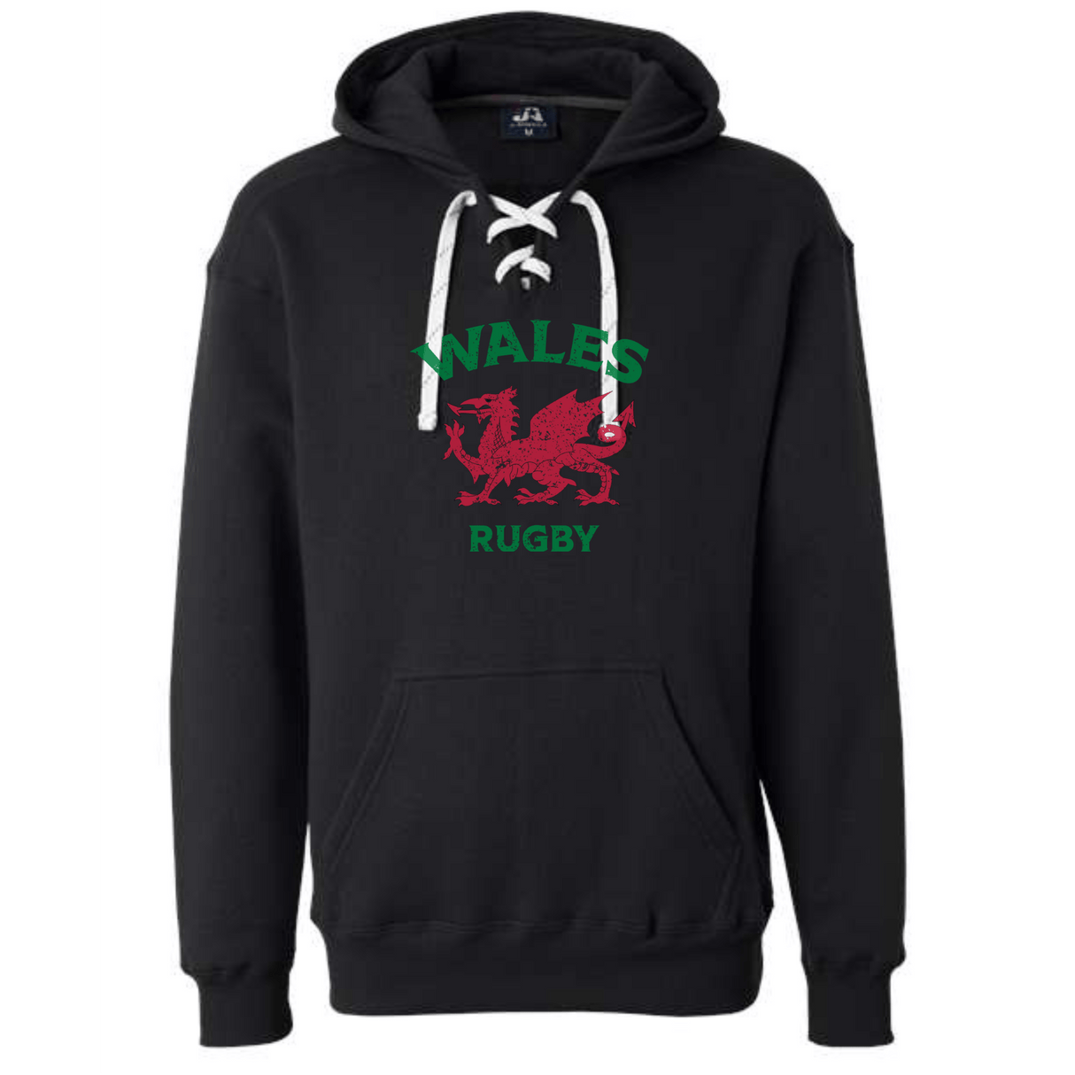 A black Nations of Rugby Wales Rugby Hockey Hoodie with the words "Wales Rugby" on it, by WRS Alpha Broder.