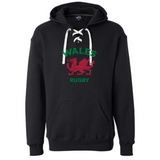 A black Nations of Rugby Wales Rugby Hockey Hoodie with the words "Wales Rugby" on it, by WRS Alpha Broder.