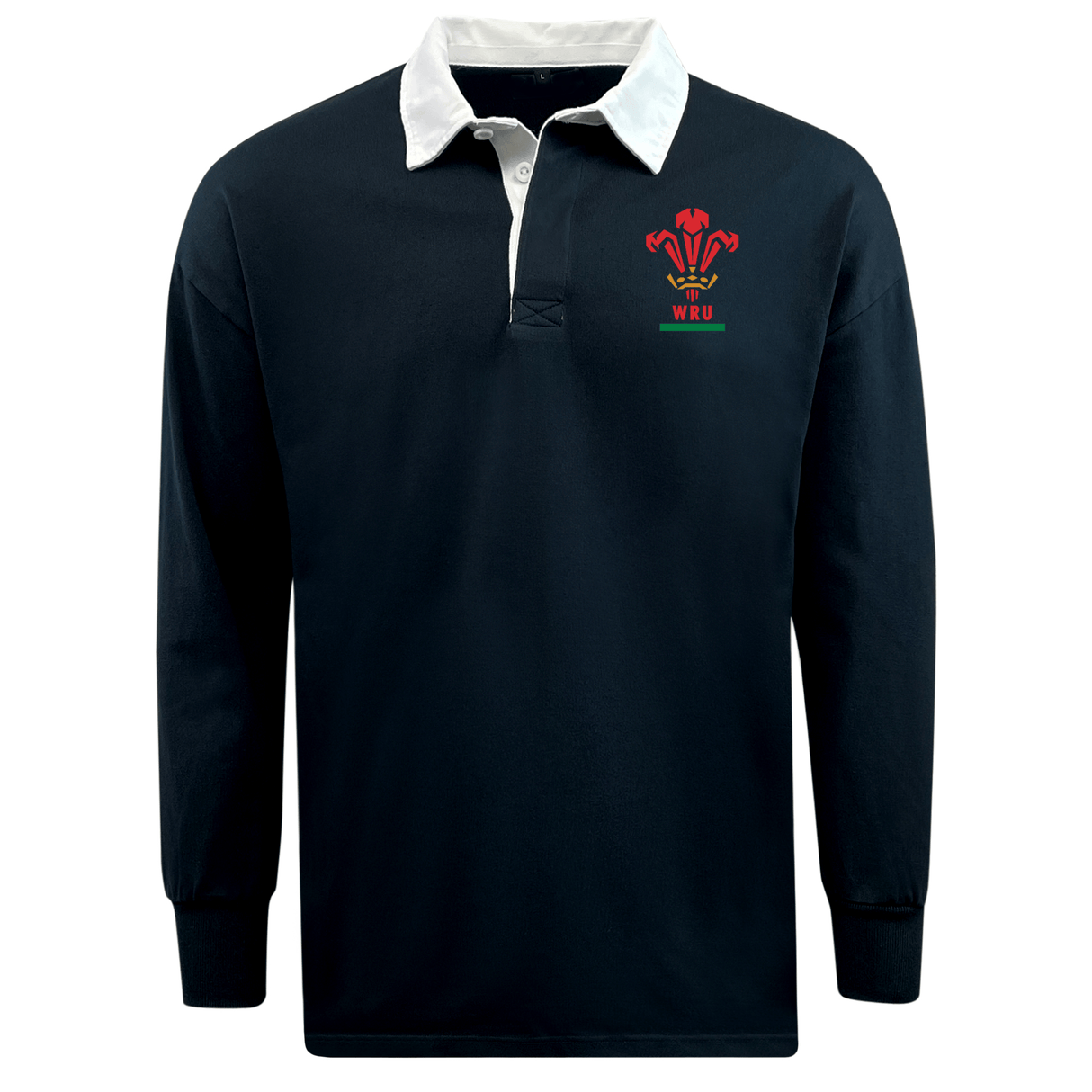 Navy blue relaxed fit rugby polo shirt with contrast white collar and a logo on the chest featuring the Wales Solid Classic Jersey from EMB Mudoo.