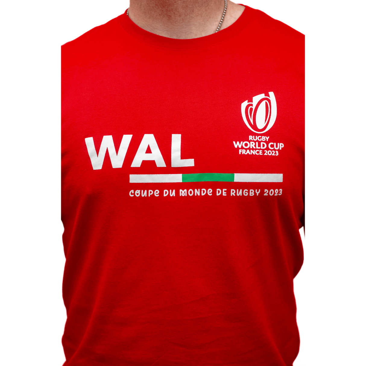 A man wearing a Sportfolio Rugby World Cup 23 Wales Supporters T-Shirt with the word "wal" on it.