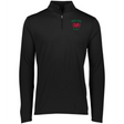 A black men's 1/4 zip pullover made of polyester fabric with a green and red Nations of Rugby Wales Rugby logo by EMB Augusta.
