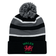 EMB Augusta's Nations of Rugby Wales Hooped Knit Fold Over Pom-Pom Beanie featuring an embroidered design.